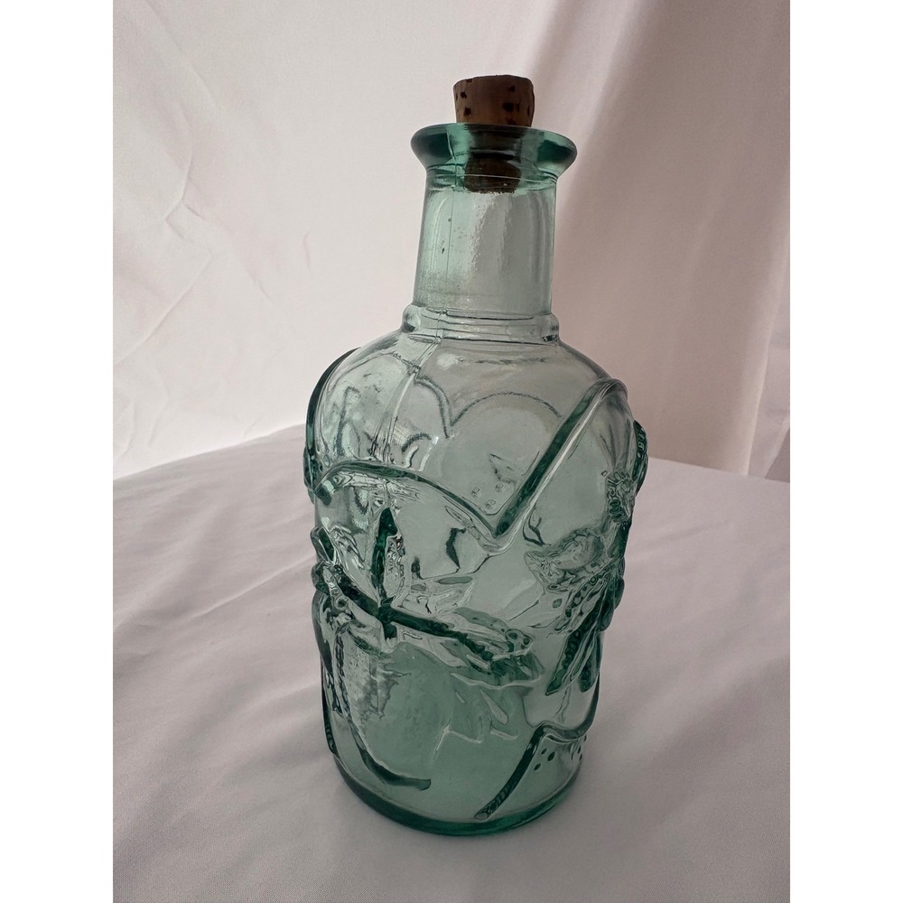Light Green Embossed Floral Glass Bottle with Cork Stopper Vintage Style 7.5in